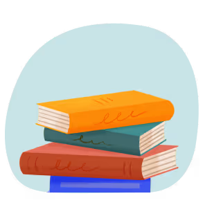 Illustration of a stack of four colorful books on a light blue oval background.