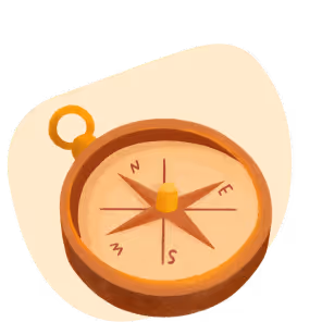 Illustration of a brown compass pointing north-east on a beige abstract background.