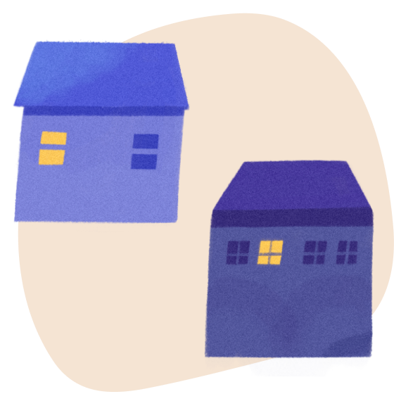 Illustration of two simple purple houses with lit windows on a beige abstract background.