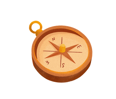Illustration of a brown compass with a yellow center, showing the cardinal directions north, east, south, and west.