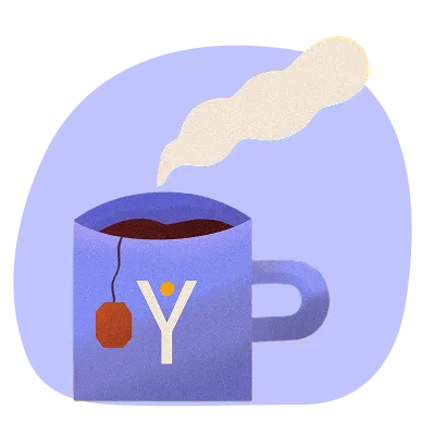 Illustration of a blue cup with steam rising, filled with a hot beverage and a tea bag hanging on the side.