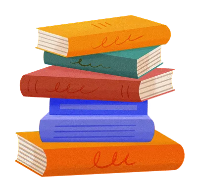 Stack of five colorful hardcover books with orange, teal, red, and blue covers.