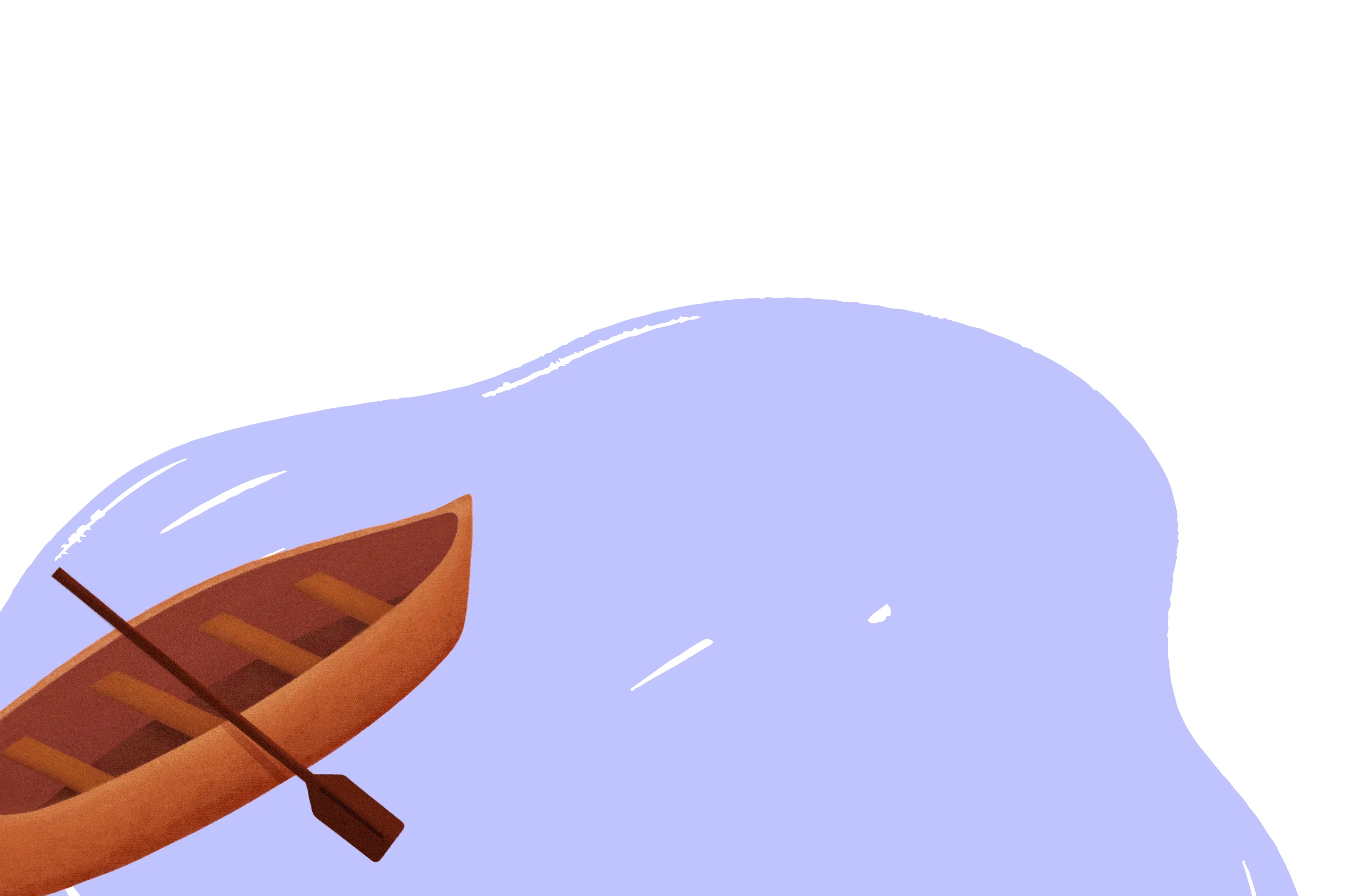 Illustration of a wooden rowboat with a single oar floating on light blue water.