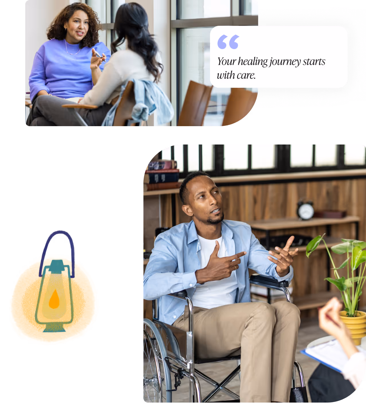 Two therapy sessions: woman in purple blouse talking to another woman, and a man in a wheelchair gesturing while speaking to a therapist.