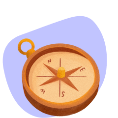 Wooden compass showing directions north, south, east, and west on a light purple background.