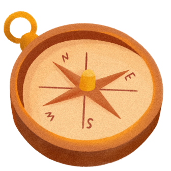 Illustration of a brown and beige compass showing north, east, south, and west directions.