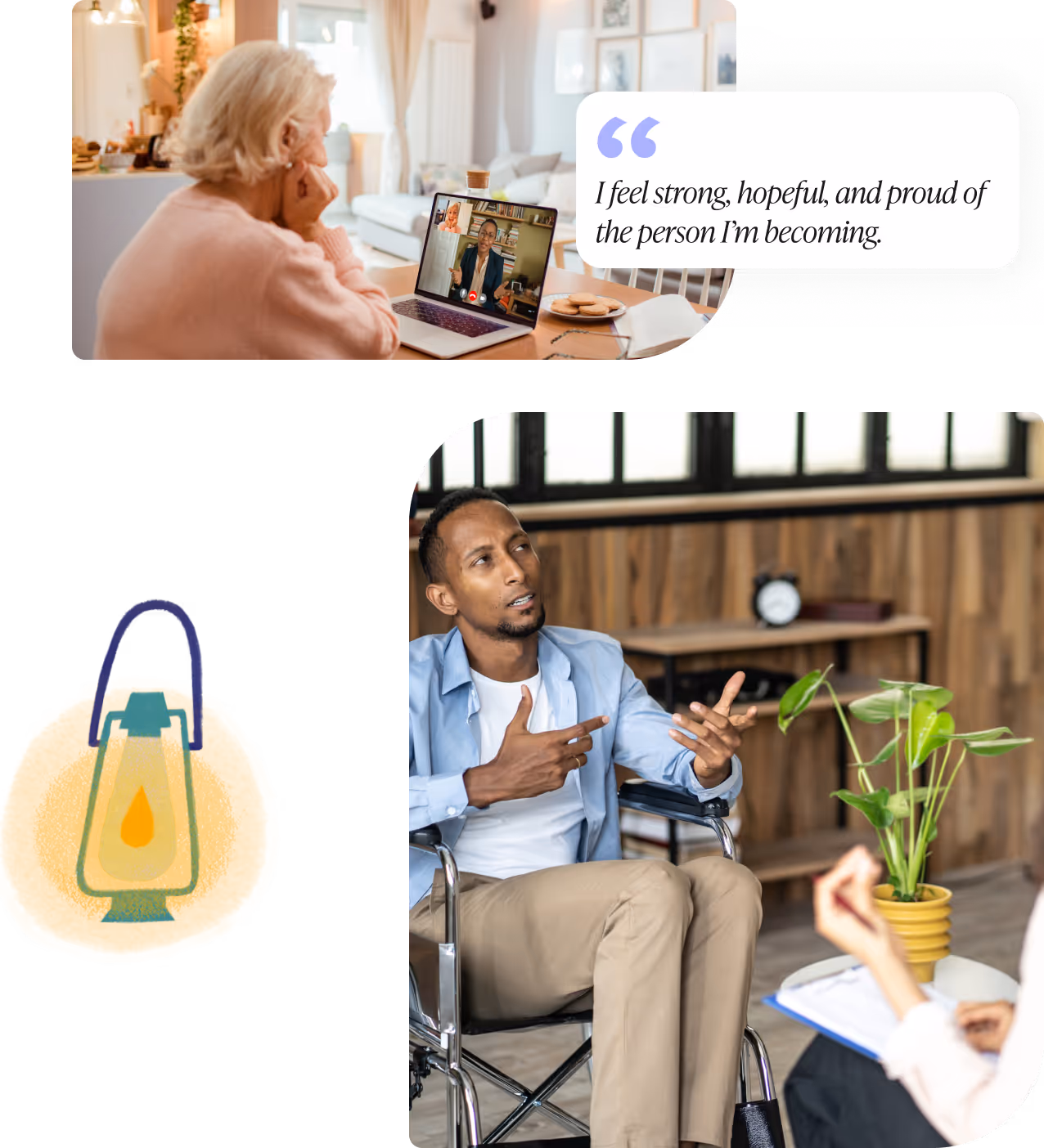 Older woman in a pink sweater having a video call on a laptop with a therapist, alongside a man in a wheelchair talking to a therapist in a cozy room with wooden walls and plants.
