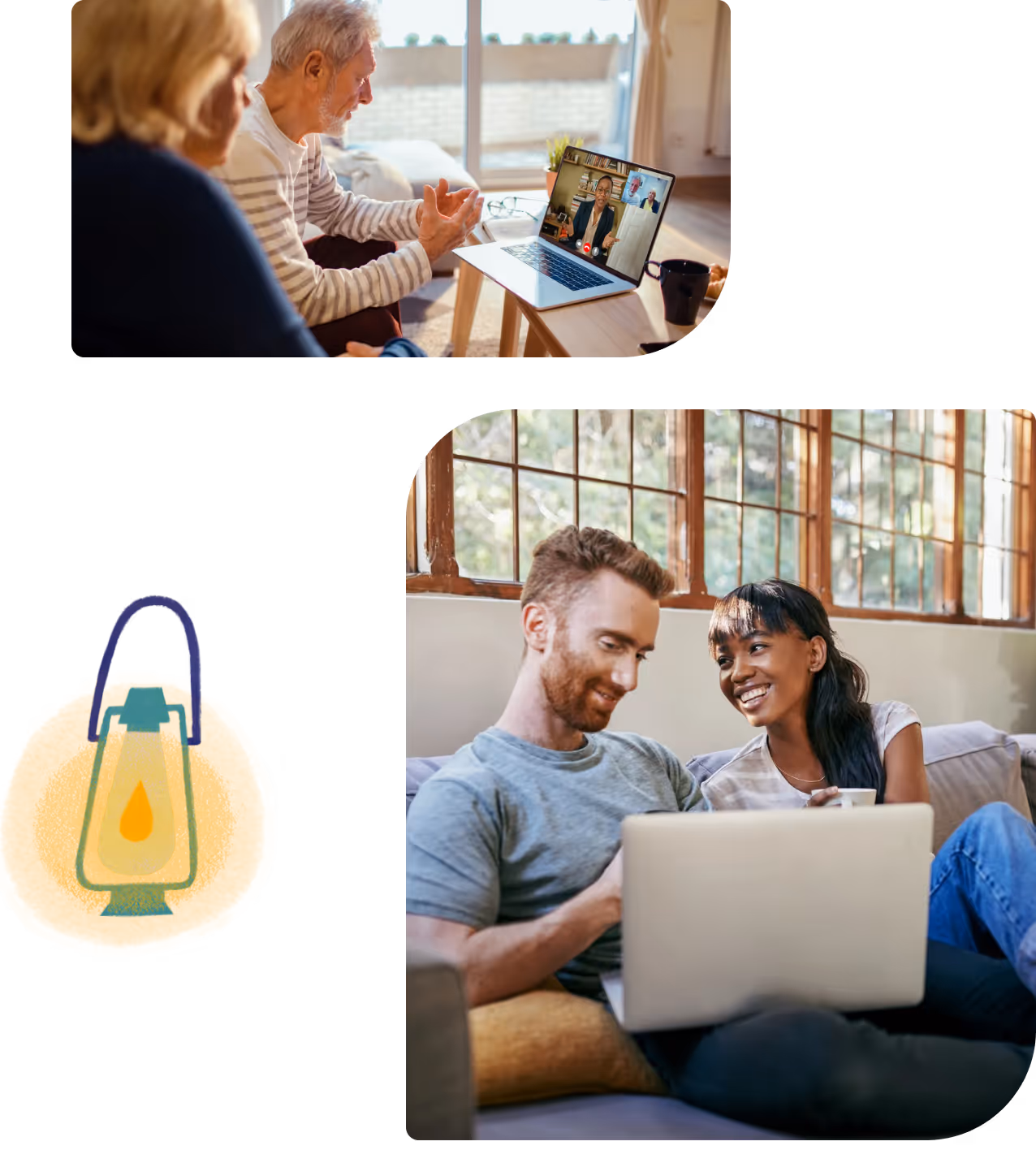 Couple participating in an online video therapy session and another couple smiling while using a laptop together on a couch.