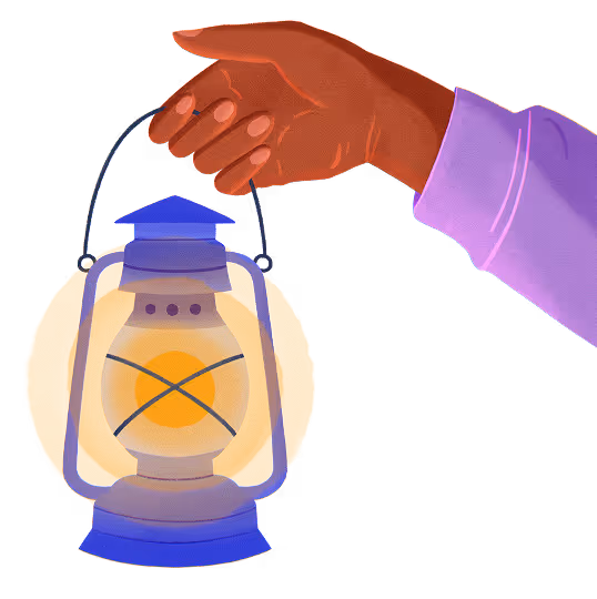 Illustration of a hand holding a glowing lantern with a yellow light and purple top and base.