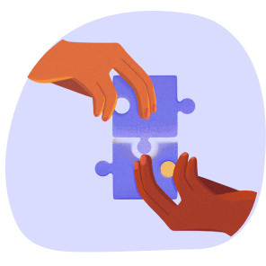 Two hands fitting together two blue puzzle pieces, one with a white dot and the other with an orange dot.