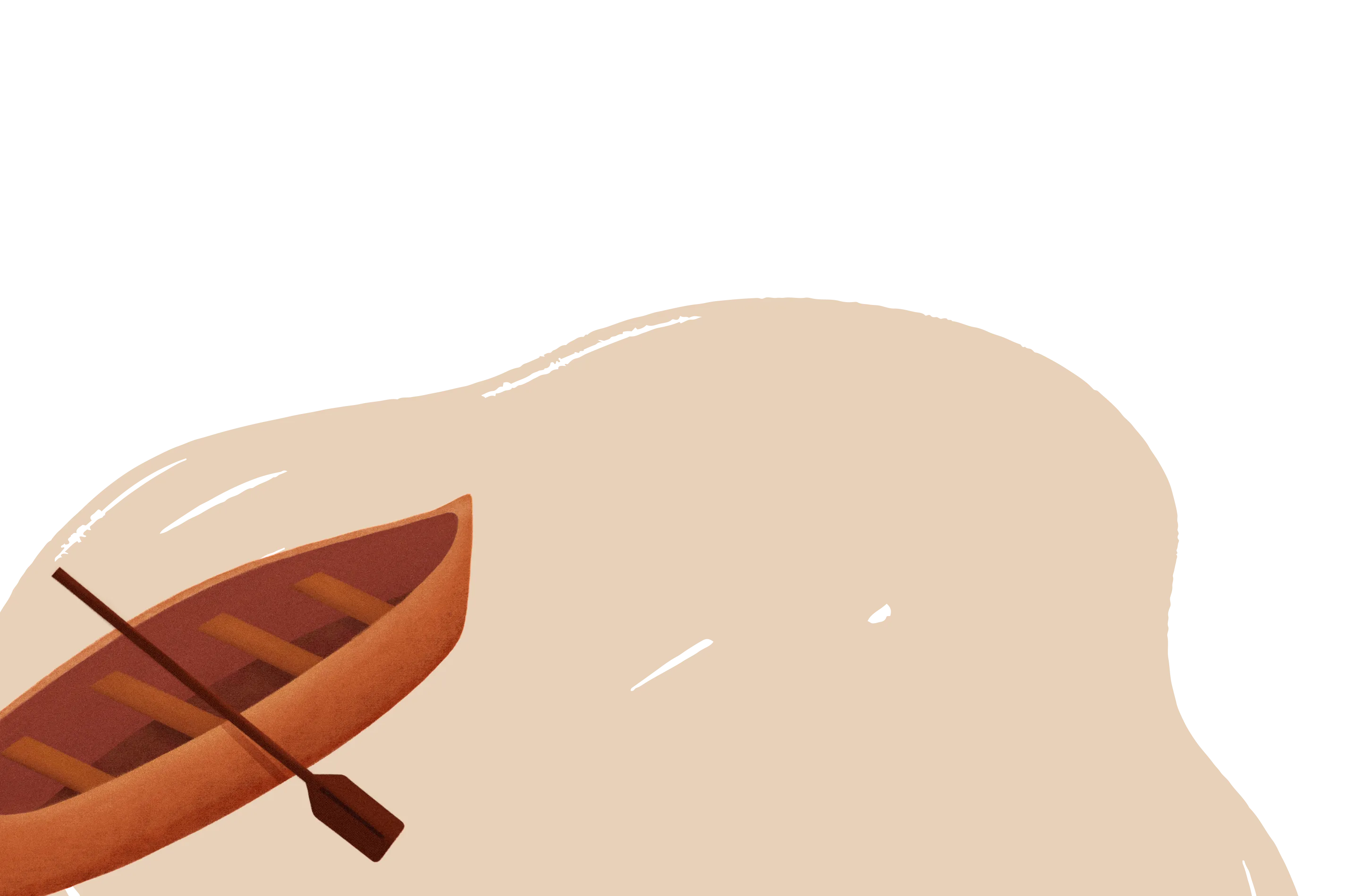 Wooden rowboat with a single paddle resting diagonally inside on a beige abstract background.