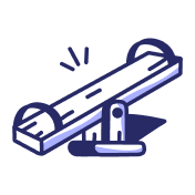 Blue and purple illustration of a seesaw balancing on a central pivot.