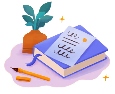 Illustration of a closed purple book with a bookmark, a paper with scribbles on top, a pen with its cap off, and a small potted plant beside it.