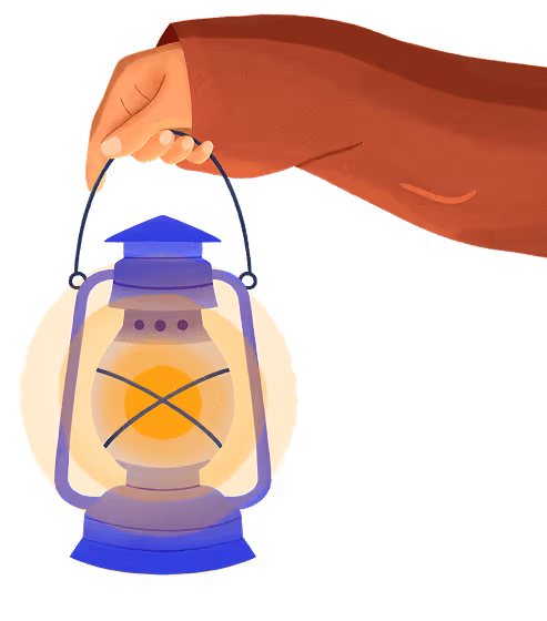 Hand in a red sleeve holding a blue lantern with a glowing yellow light inside.