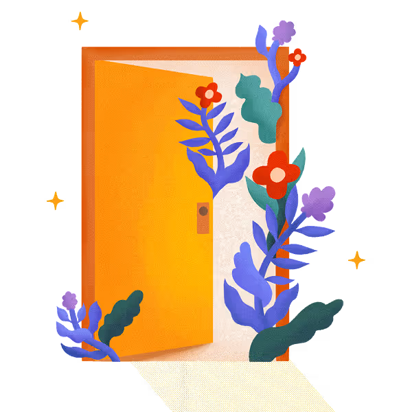 Open orange door surrounded by colorful abstract flowers and leaves with sparkles.
