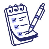 Checklist on a spiral notebook with check marks and a pen marking an item.