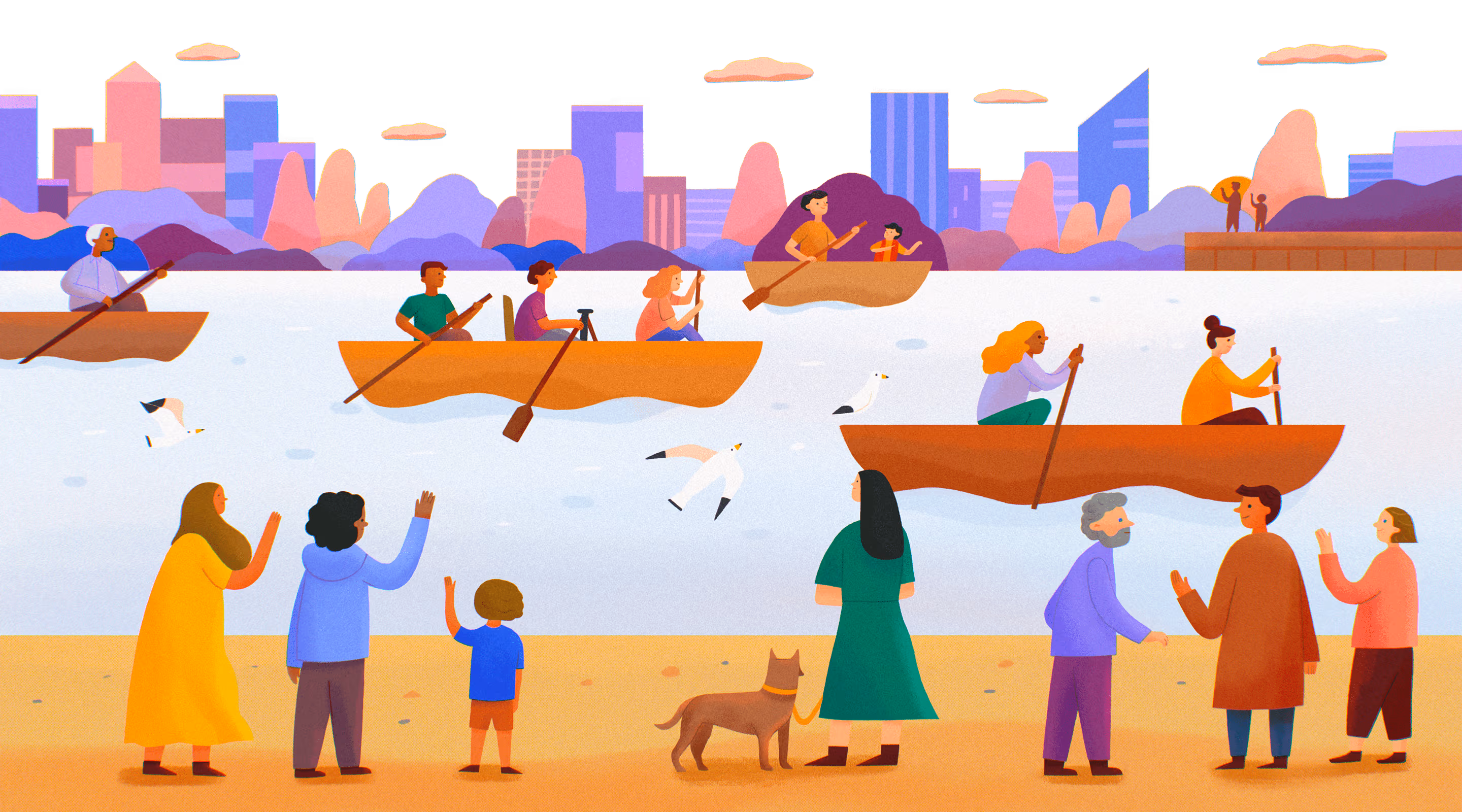 Illustration of diverse people on shore waving to others rowing boats on a river with city skyline and birds in the background.