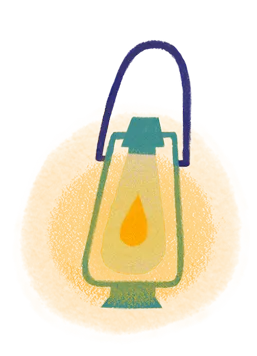 Illustration of a vintage lantern with a glowing yellow light inside and a dark blue handle.
