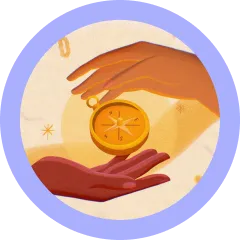 Illustration of two hands, one passing a glowing yellow compass to the other against a light background with star-like elements.