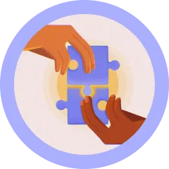 Two hands, one light-skinned and one dark-skinned, connecting blue puzzle pieces inside a purple circle.