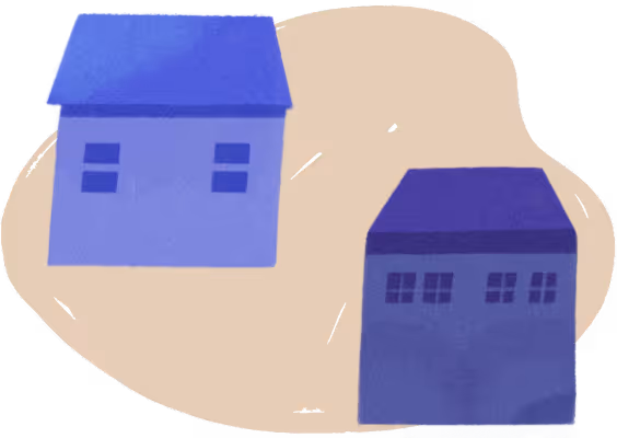 Illustration of two blue houses with different window arrangements on a beige abstract shape background.