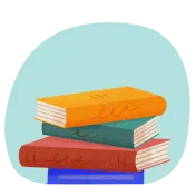 Stack of four colorful hardcover books against a light blue circular background.