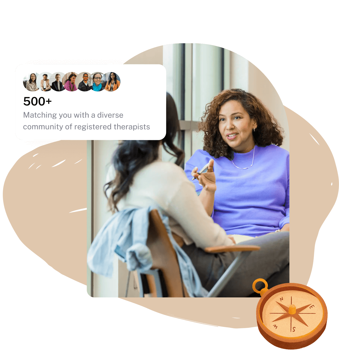 Two women engaged in conversation in a counseling session, with an overlay showing diverse therapist profile photos and text stating 500+ registered therapists available.