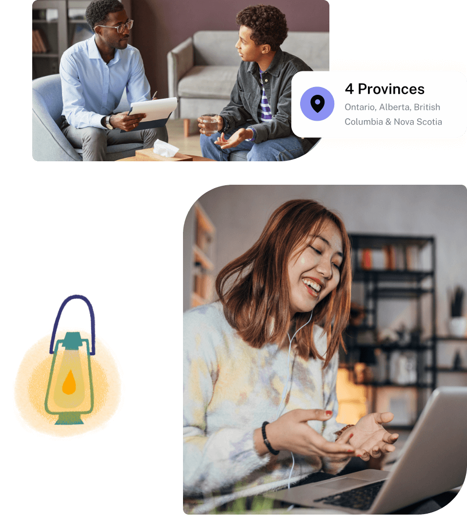 Two men engaged in a conversation with one taking notes and a woman smiling and talking on a laptop during a video call.