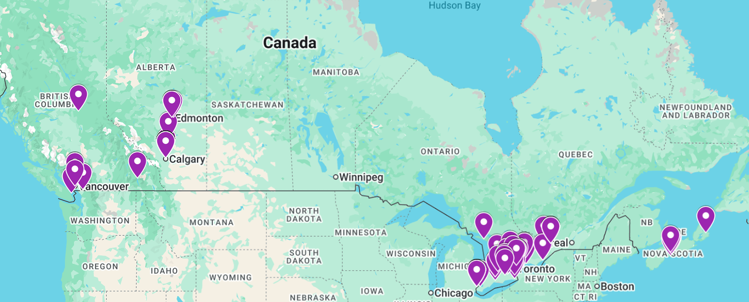 Map of Canada with purple location markers concentrated around Vancouver, Calgary, Edmonton, Toronto, and Nova Scotia.