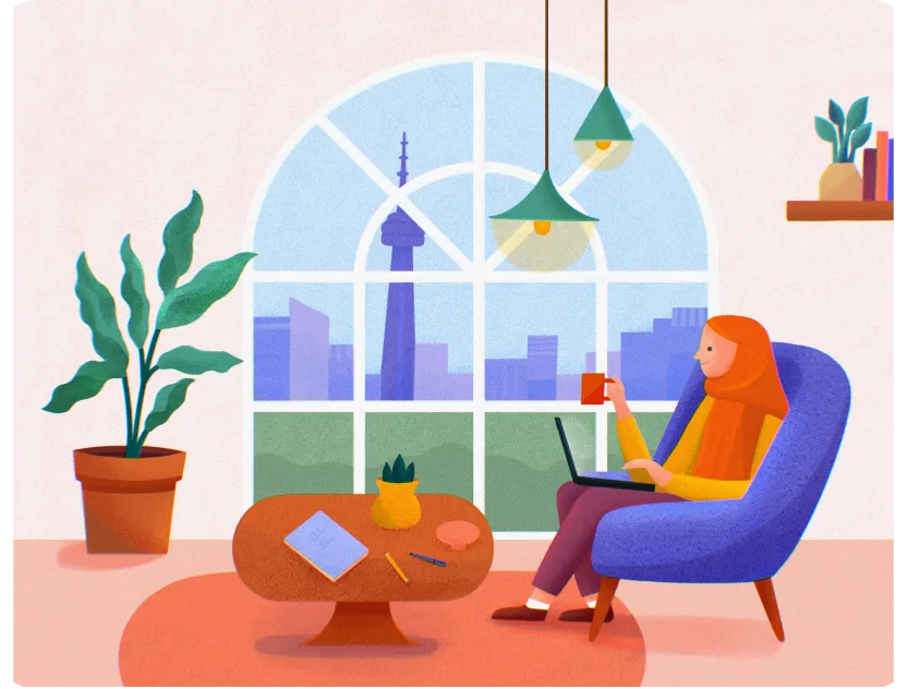 Woman in orange hijab sitting in a blue armchair with a laptop and a red cup, beside a table with books and pencils, with a large window showing a city skyline.