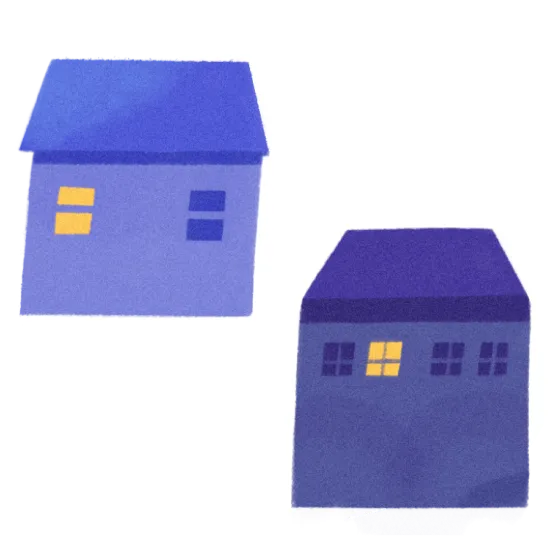 Illustration of two blue houses with illuminated windows on a white background.
