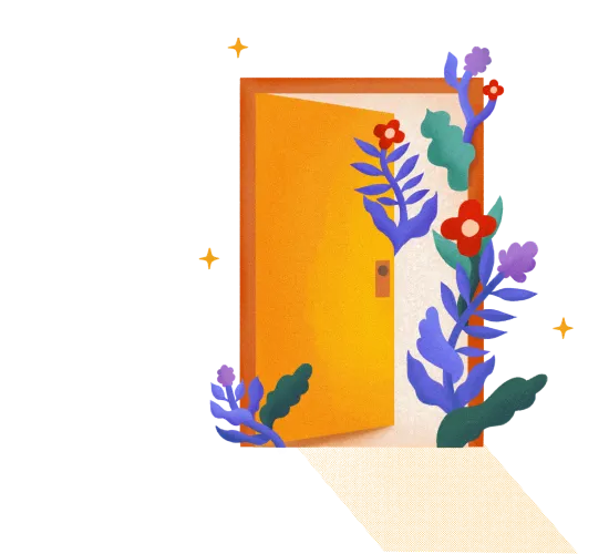 Yellow open door with colorful purple and red flowers and green leaves growing around it, casting a shadow.
