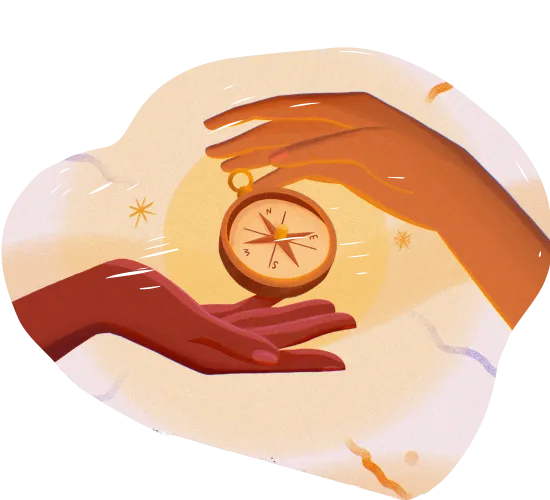 Illustration of two hands holding a compass together against a warm background with star-like accents.