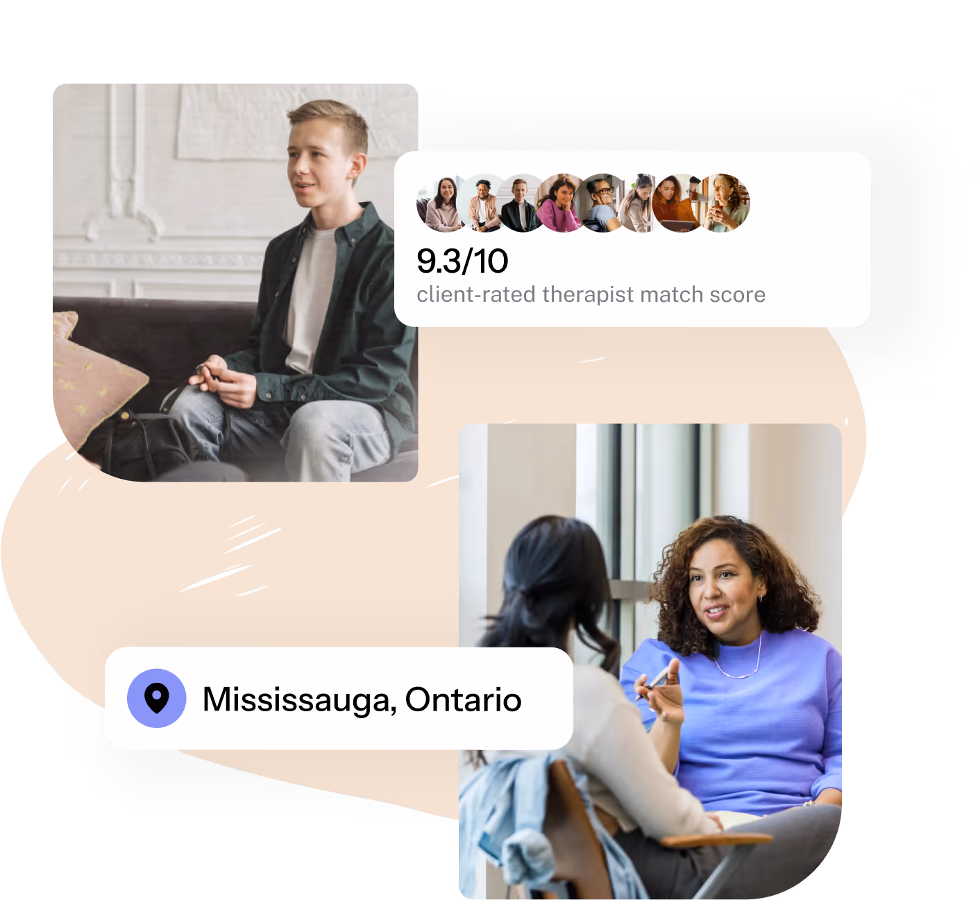 Young man sitting on couch and woman in a counseling session in Mississauga, Ontario.