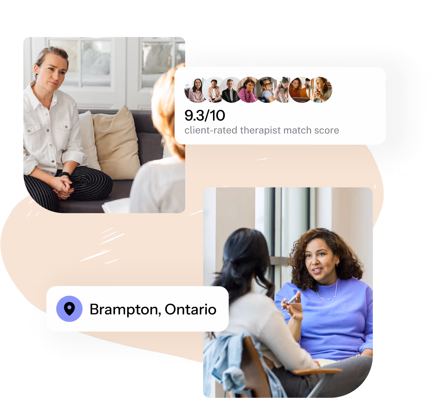 Two therapy sessions showing therapists listening and talking to clients in Brampton, Ontario.