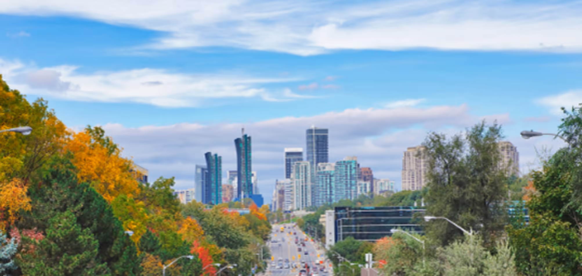 City skyline with tall buildings behind a road lined with colorful autumn trees under a blue sky.