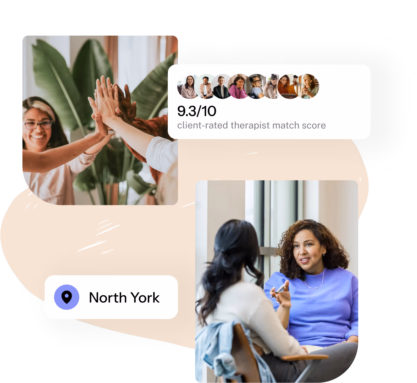 Two women having a conversation in an office and a group giving a high-five with a 9.3 therapist match score badge.