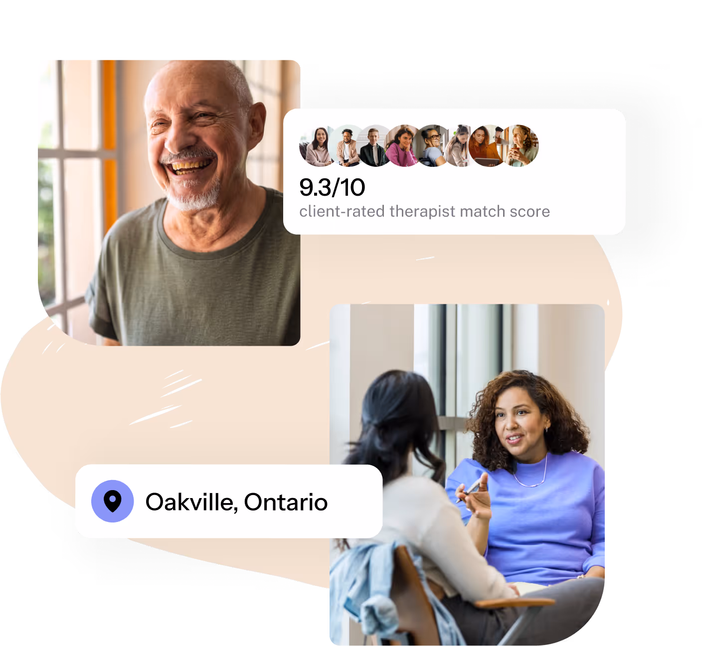Smiling older man and two women talking in a therapy session, with rating 9.3/10 and location Oakville, Ontario.