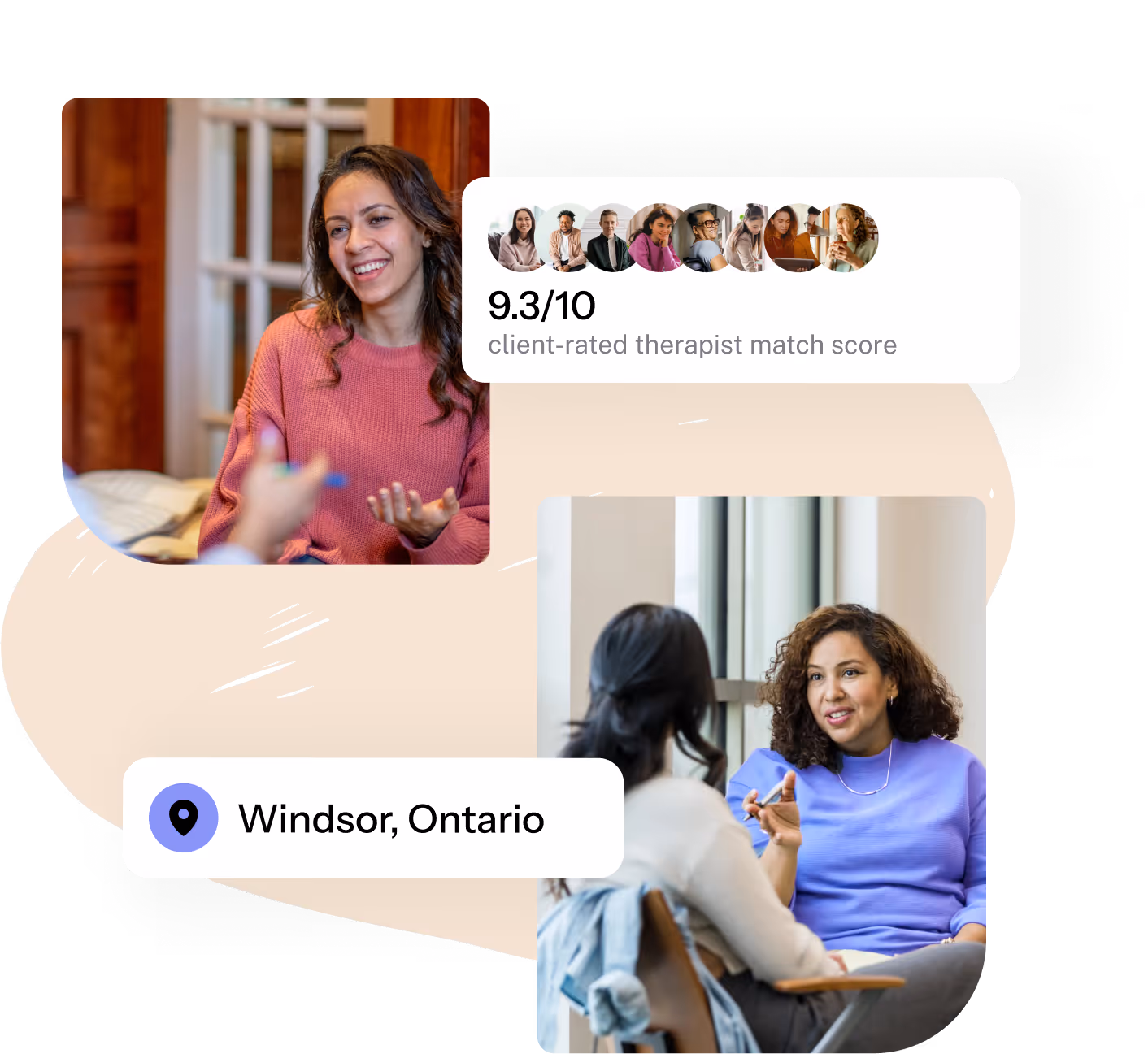 Two women engaged in conversation during a therapy session with a 9.3/10 client-rated therapist match score, Windsor Ontario.