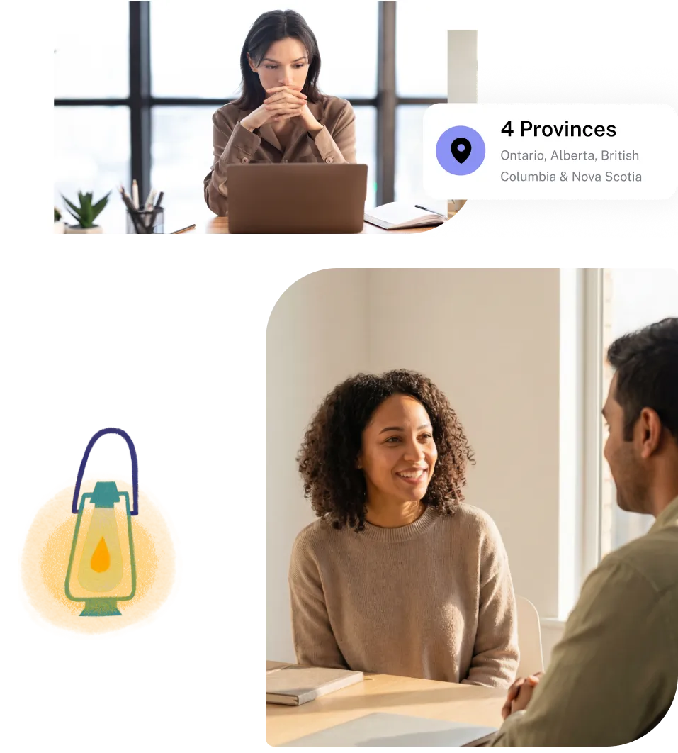 Top image: A woman with folded hands looks thoughtfully at a laptop, sitting at a desk with stationery and a plant by a large window; a graphic overlay notes '4 Provinces: Ontario, Alberta, British Columbia & Nova Scotia.' Bottom image: A smiling woman with curly hair wearing a brown sweater talks with a man across a table with books and a laptop near a window.