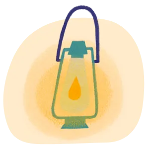 Illustration of a green lantern with a yellow flame inside, surrounded by a soft yellow glow.