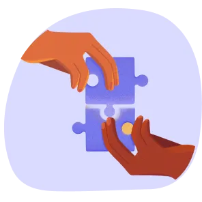 Two hands assembling two blue puzzle pieces together against a light purple background.