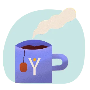 Blue coffee mug with tea bag and steam rising, featuring a white letter Y with a yellow dot inside.