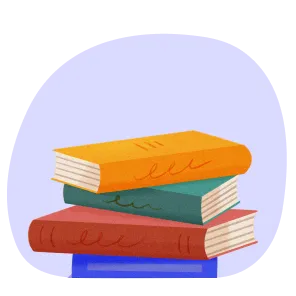 Stack of four books with orange, teal, red, and blue covers on a light purple background.