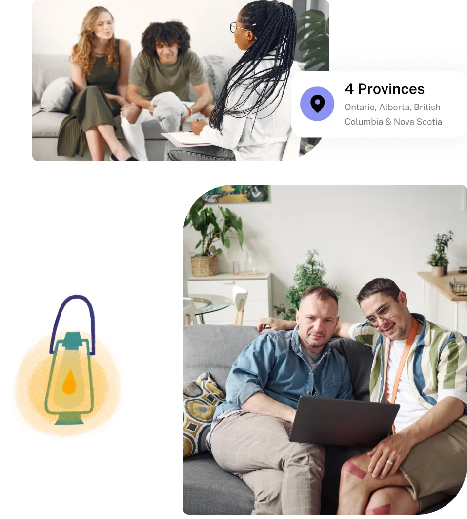 Two scenes: In the top, a woman with long braided hair and glasses takes notes while talking to a seated couple, a man and a woman. A label displays '4 Provinces Ontario, Alberta, British Columbia & Nova Scotia.' In the bottom scene, two men sit closely on a couch looking at a laptop, with one man resting his arm on the other's shoulder. There is also a small illustration of a lantern with a flame on an orange background.