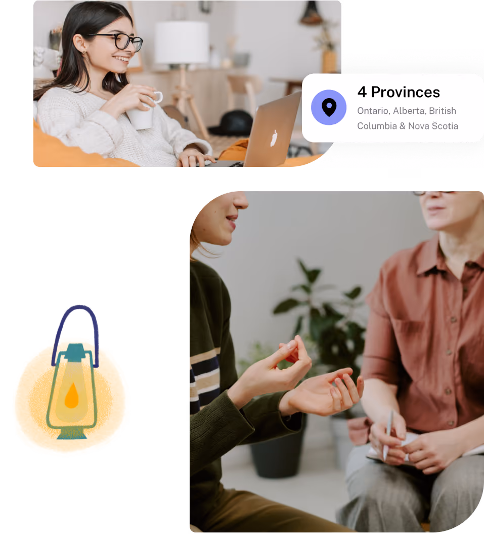 Collage with two photos and a graphic: top photo shows a smiling woman with glasses holding a white mug while looking at a laptop, text mentions 4 provinces: Ontario, Alberta, British Columbia, and Nova Scotia; bottom photo shows two people sitting and talking, one gesturing with hands and the other holding a pen and notebook; left side has an illustration of a yellow lantern.