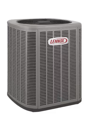 Lennox branded outdoor air conditioning unit with ventilation grilles and top fan.
