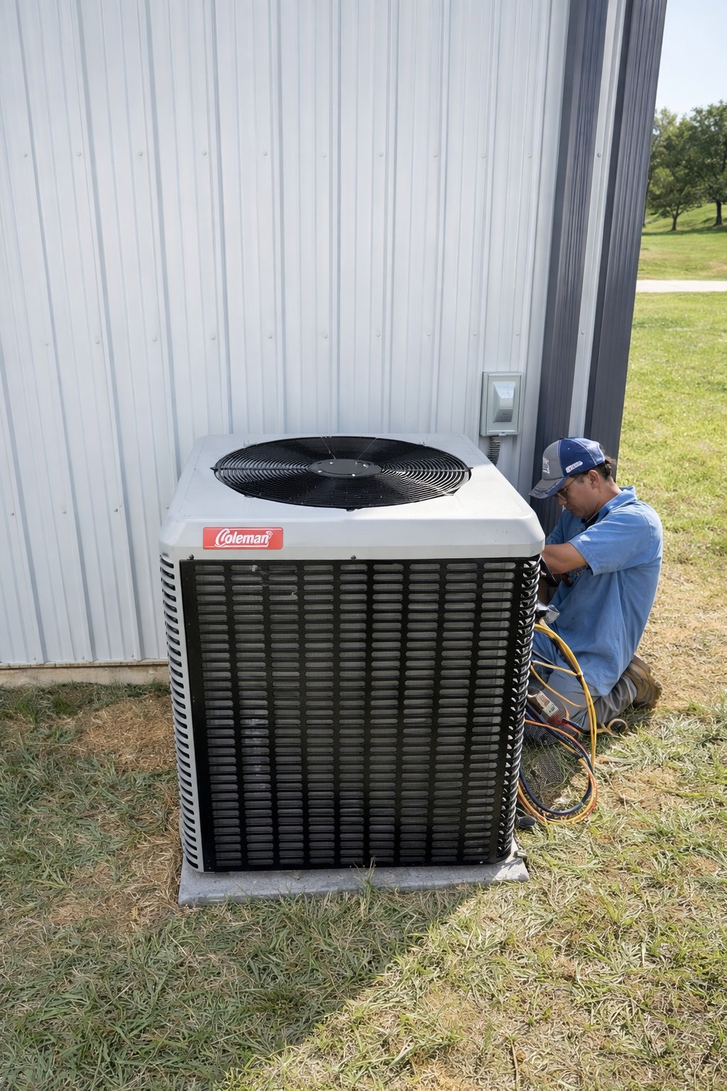 Technician in blue shirt and cap working on a Coleman air conditioning unit outside a metal-sided building.