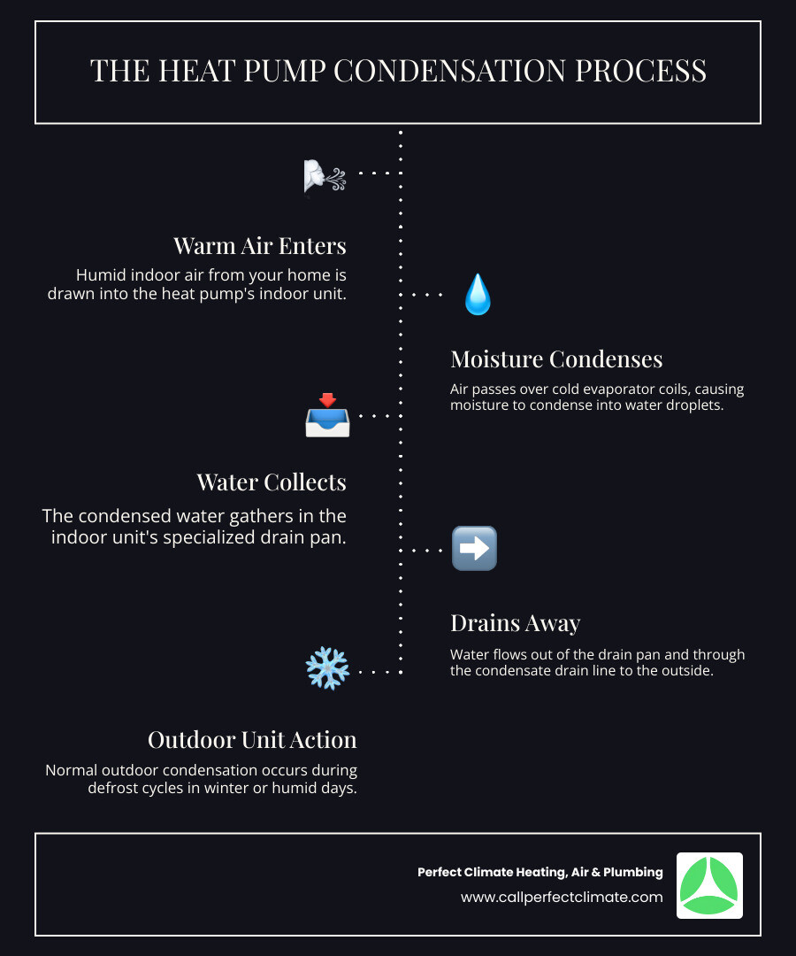 Infographic showing the heat pump condensation process: warm air enters the indoor unit, passes over cold evaporator coils creating moisture droplets, condensate collects in drain pan, water flows through condensate drain line to outside, with normal outdoor unit condensation during defrost cycle in winter - heat pumps leaking water in chandler in infographic infographic-line-5-steps-dark Infographic showing the heat pump condensation process: warm air enters the indoor unit, passes over cold evaporator coils creating moisture droplets, condensate collects in drain pan, water flows through condensate drain line to outside, with normal outdoor unit condensation during defrost cycle in winter - heat pumps leaking water in chandler in infographic infographic-line-5-steps-dark