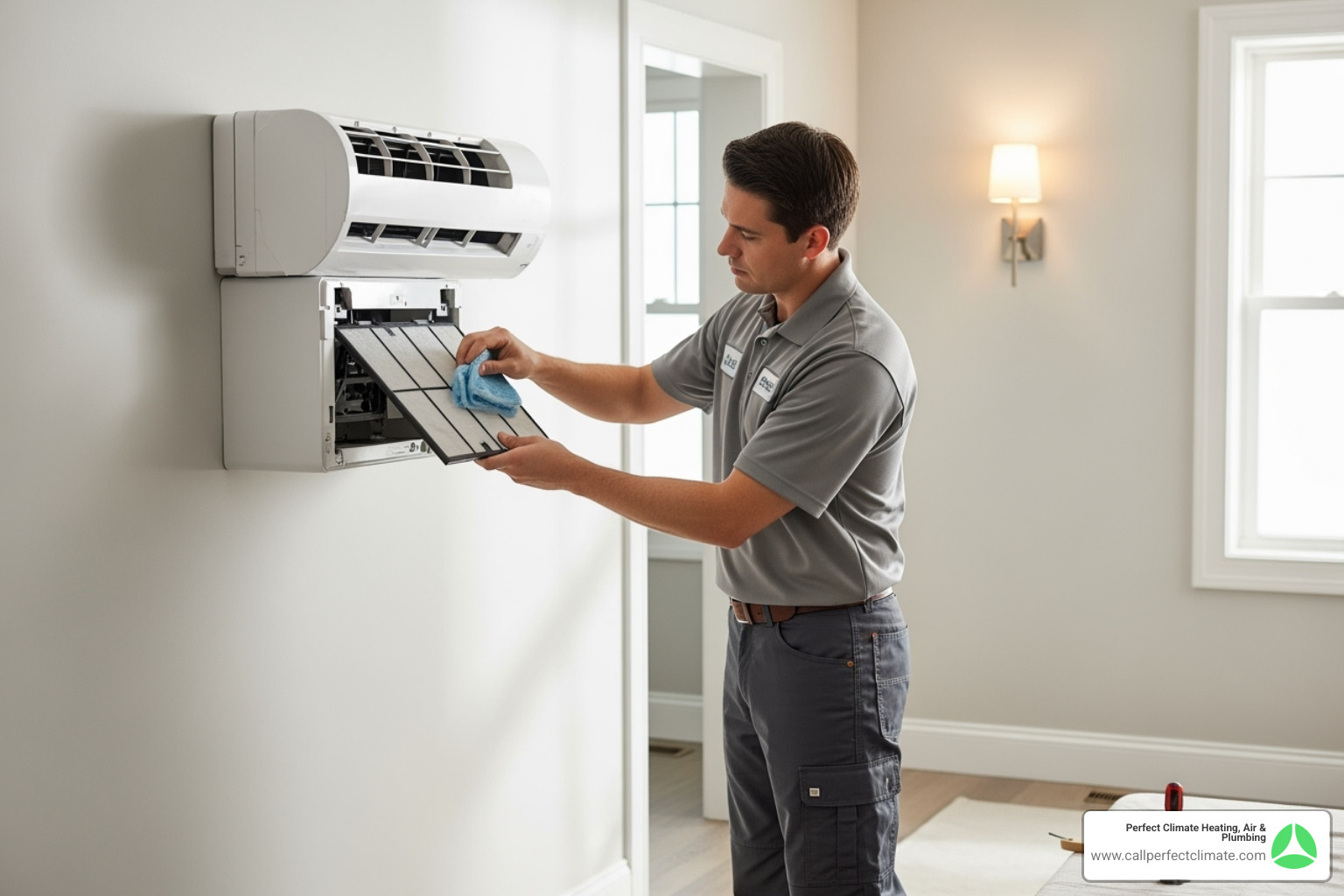 a technician performing maintenance on an indoor mini-split unit's filter - best ductless hvac company in victoria national in